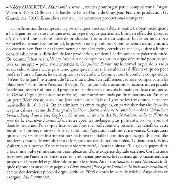 Article de Fançois Sabatier sur le CD Mais l'ombre seule de Valéry Aubertin